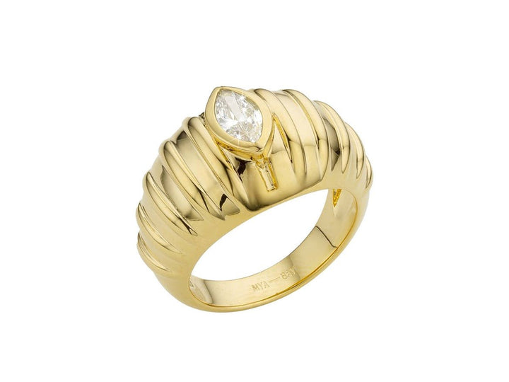 Gold Ridged Dome Ring with CZ