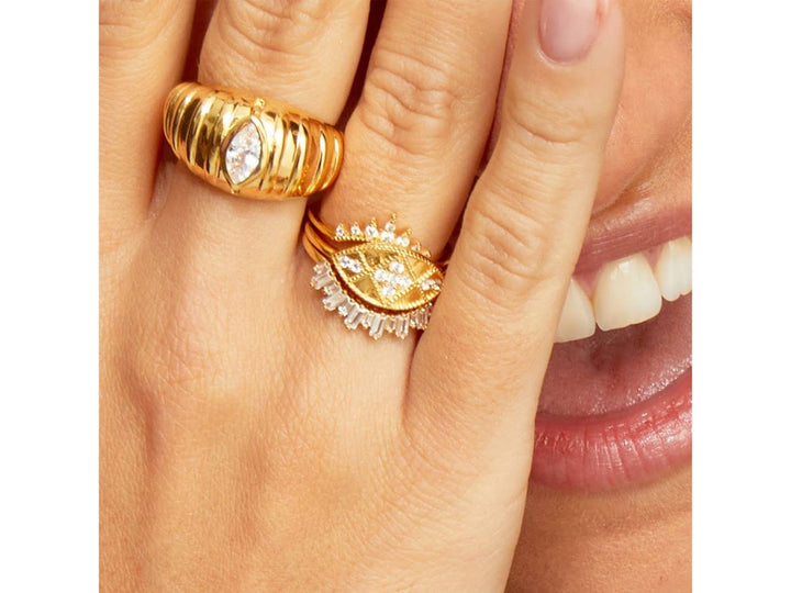 Gold Ridged Dome Ring with CZ