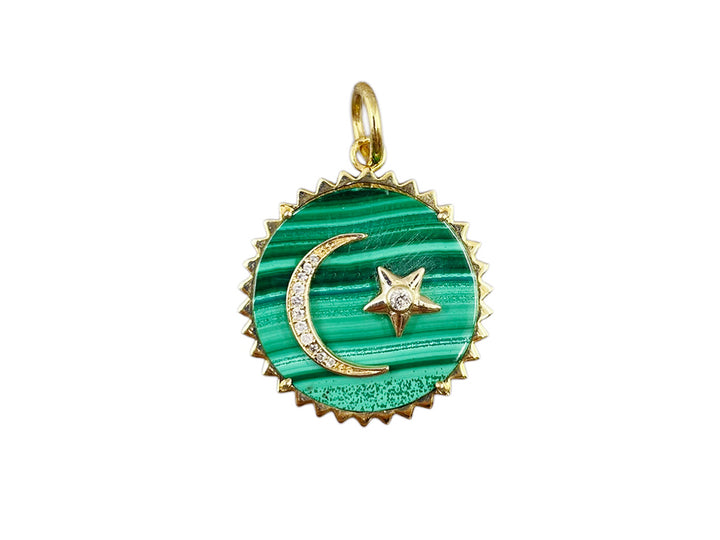 14k Malachite and Diamond Round Moon and Star Charm