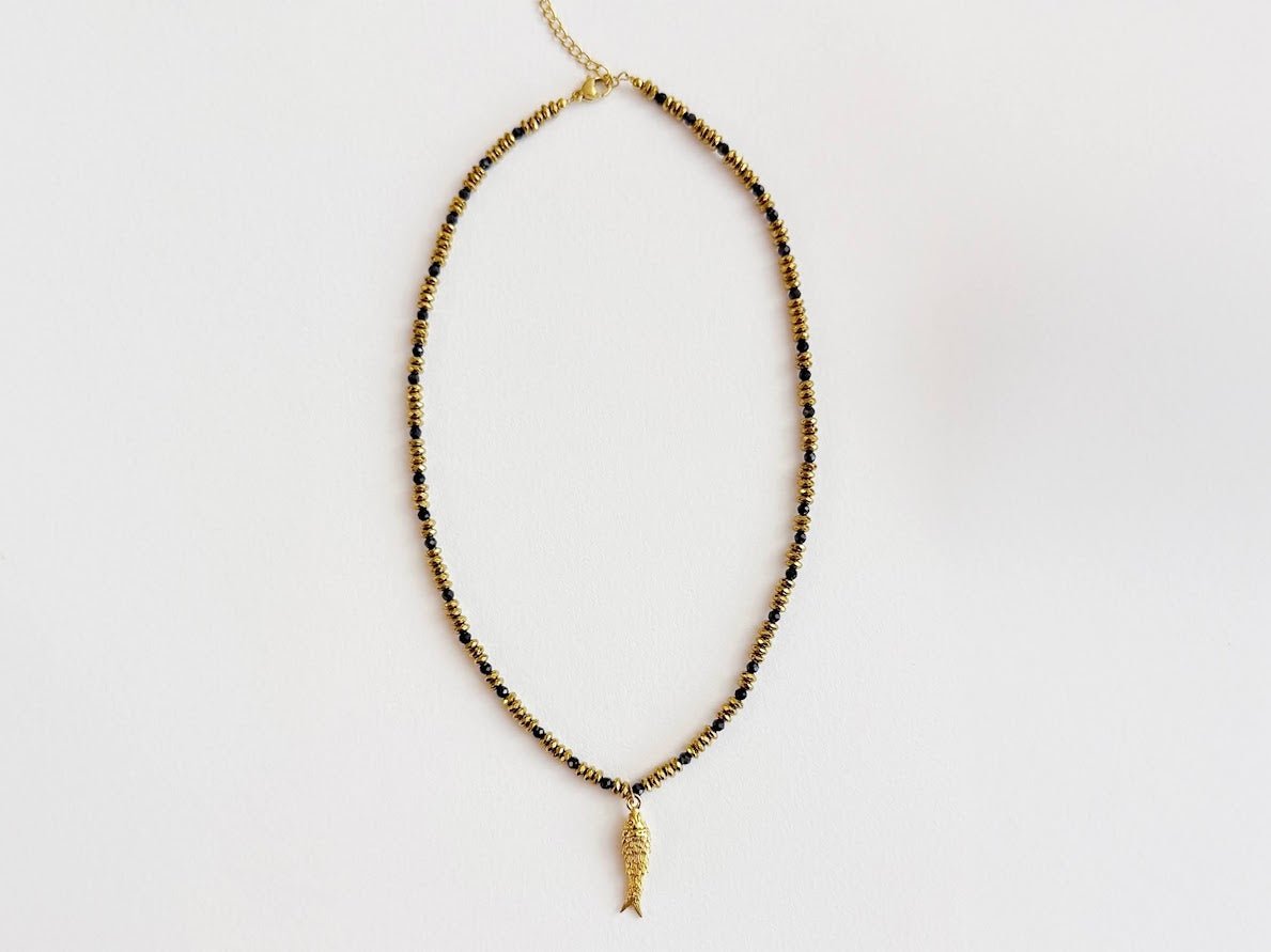 Blue Bead Necklace with Fish Charm