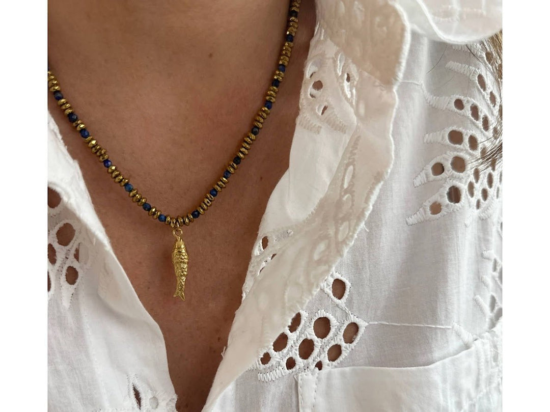 Blue Bead Necklace with Fish Charm