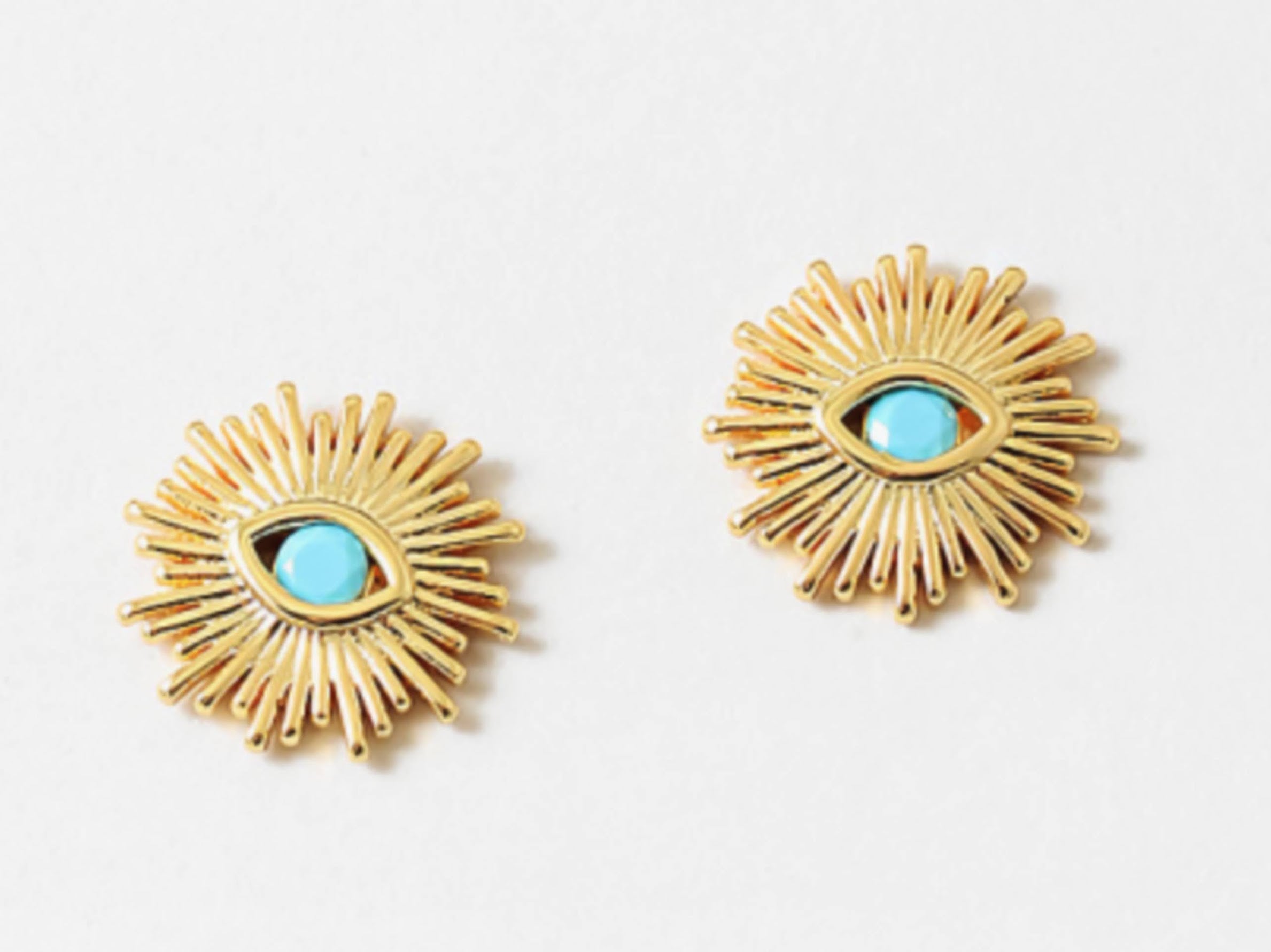 Gold Rayed Evil Eye Stud Earrings with Turquoise