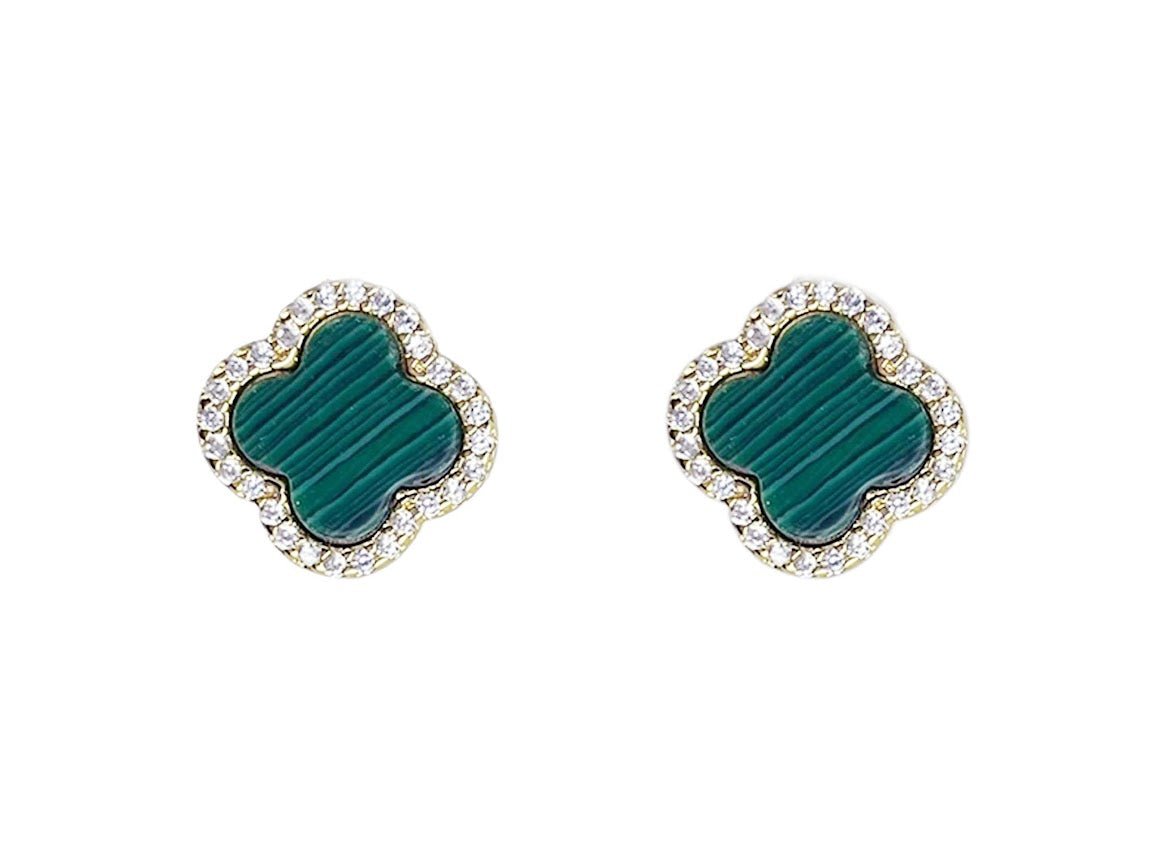 Gold Malachite Clover Stud Earrings with CZs