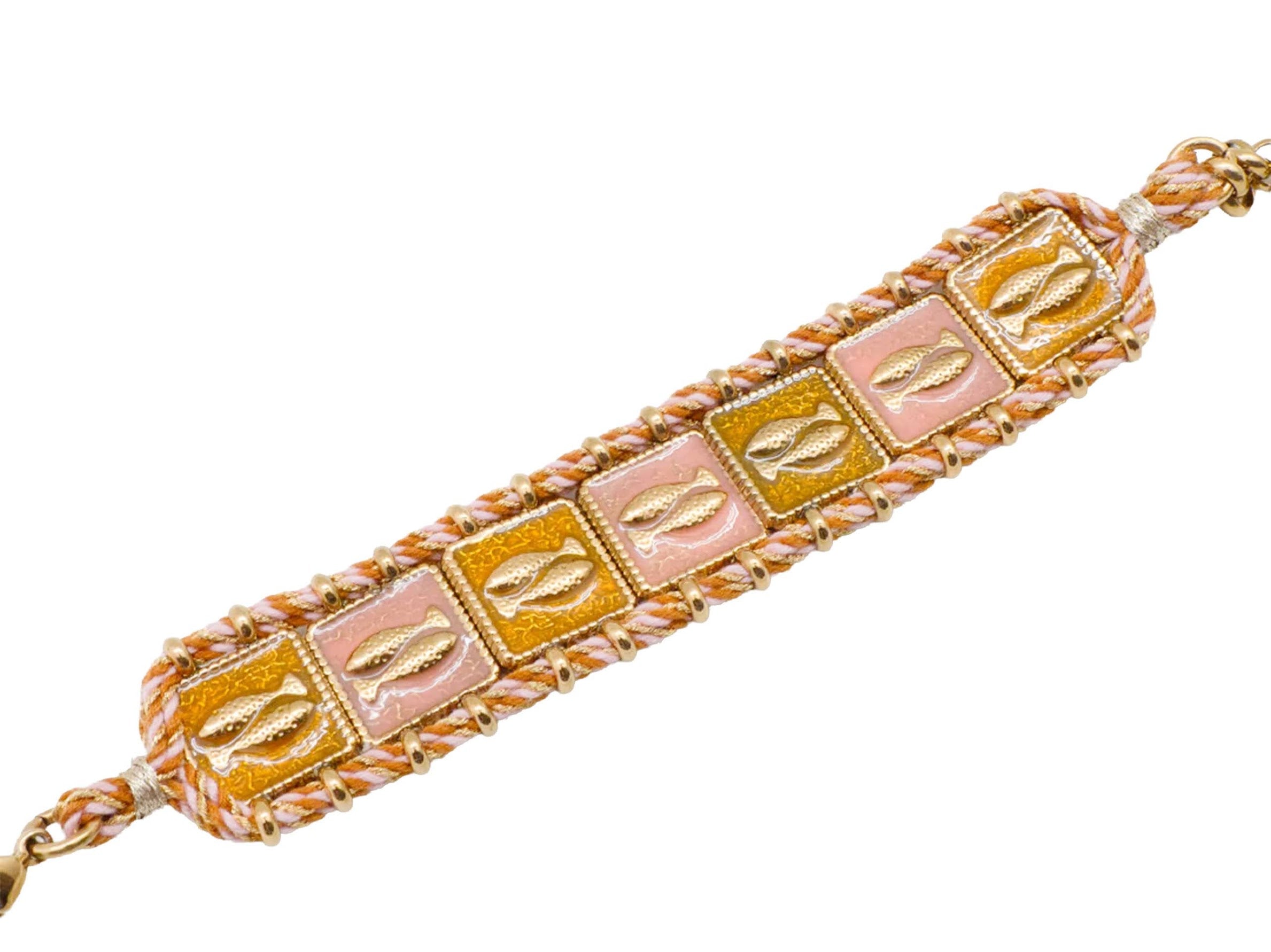 Ochre and Pink Bracelet with Golden Fishes