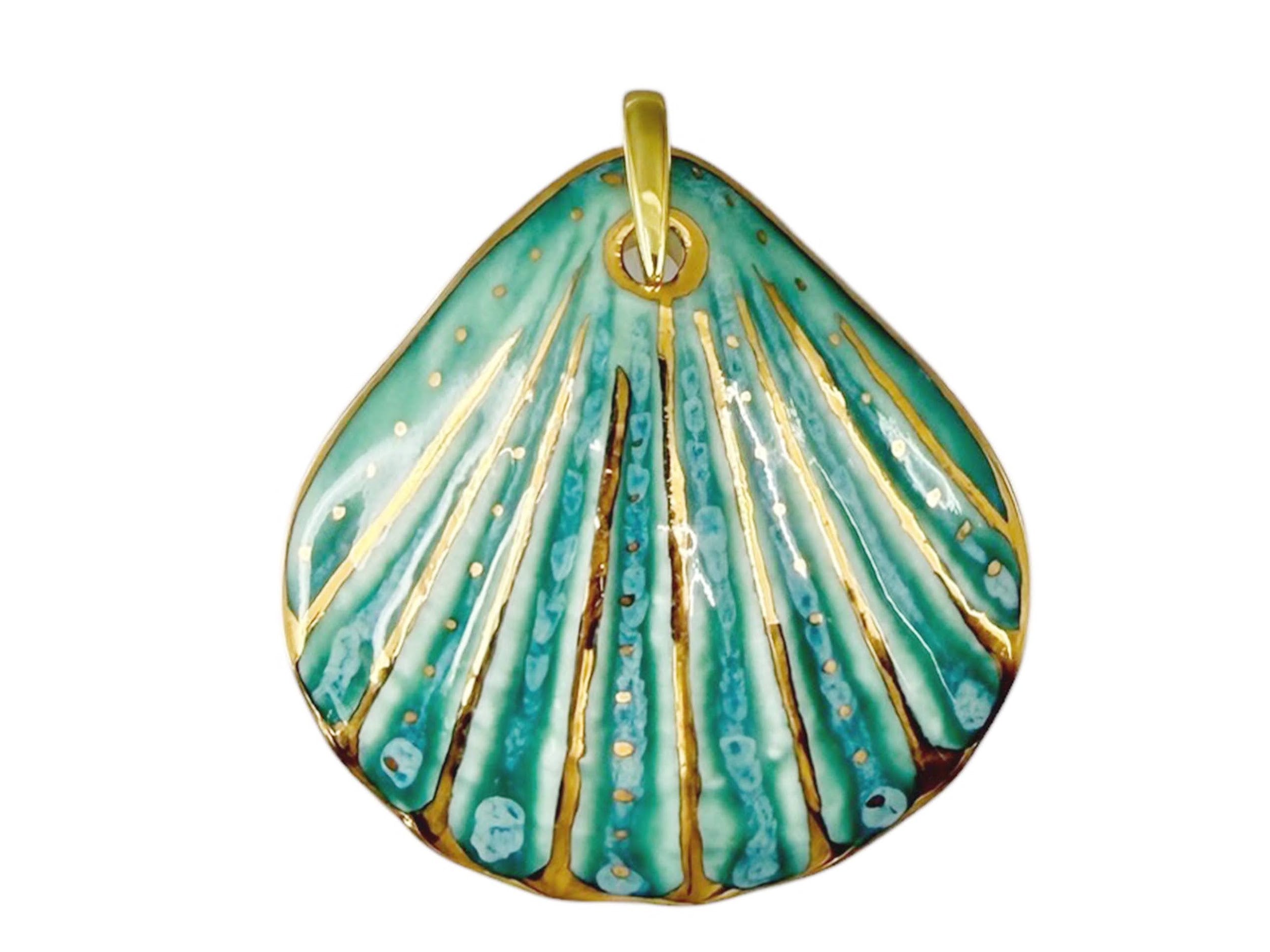 Handpainted Italian Porcelain Teal and Gold Large Shell Charm
