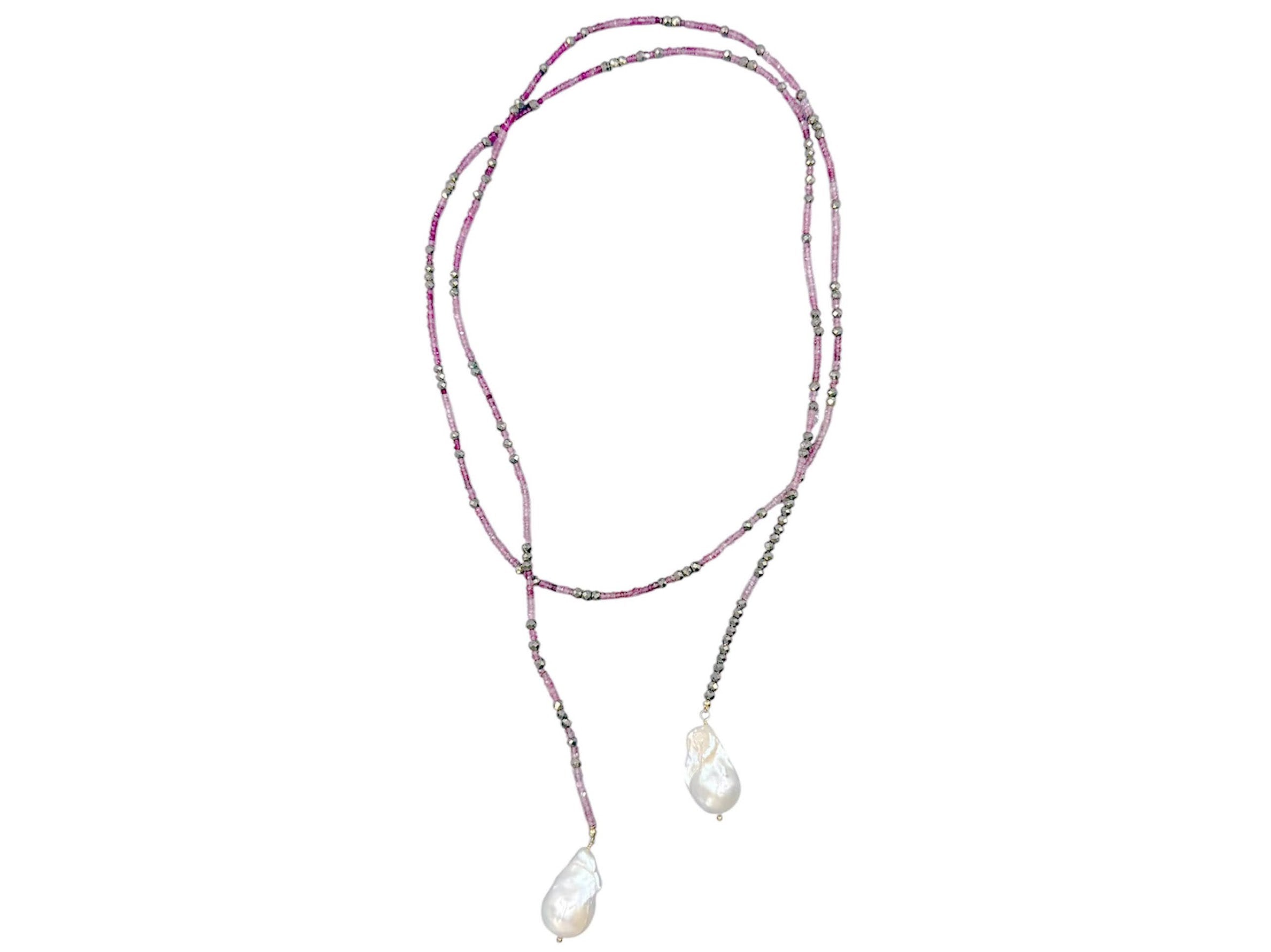 Pink Tourmaline and Pyrite Lariat Necklace with Baroque Pearls