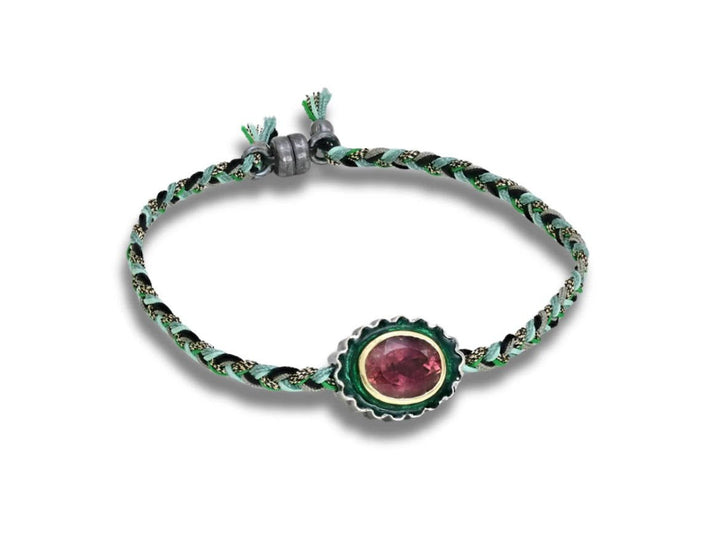 10k/SS Pink Tourmaline and Green Enamel Flower Bracelet