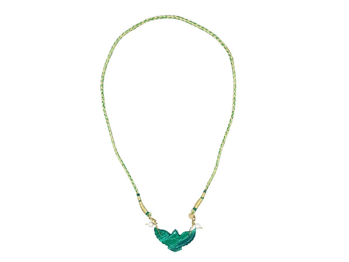 Carved Malachite Eagle Charm on Green Cord Necklace