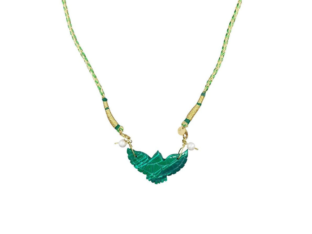 Carved Malachite Eagle Charm on Green Cord Necklace