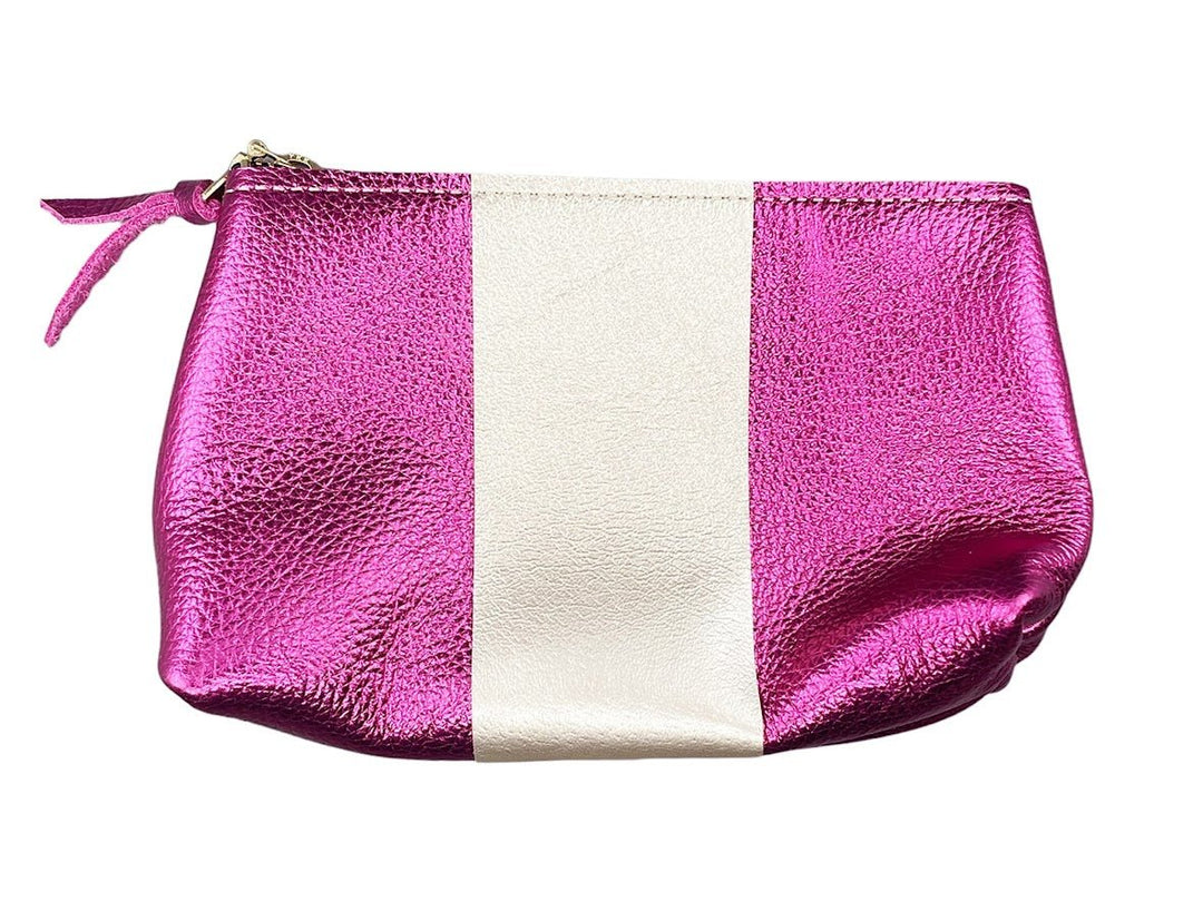 Fuschia Metallic Leather Makeup Clutch with Platinum Stripe