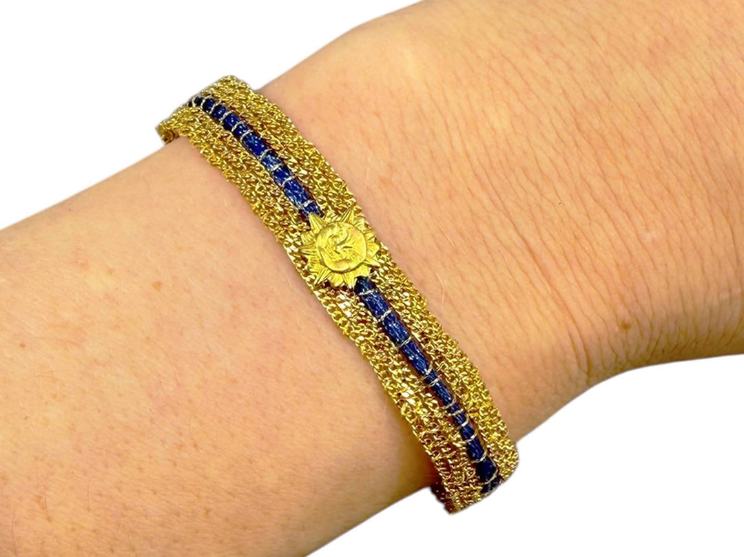 Woven Chain Bracelet with Blue Thread Stripe and Sun Charm