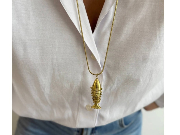 Gold Big Fish Charm Necklace