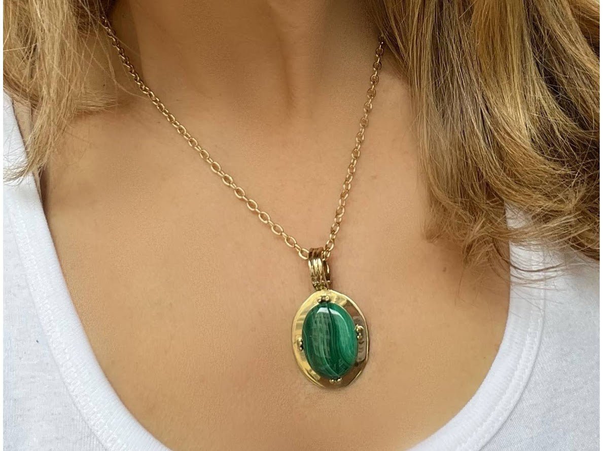 Oval Malachite Charm Necklace.