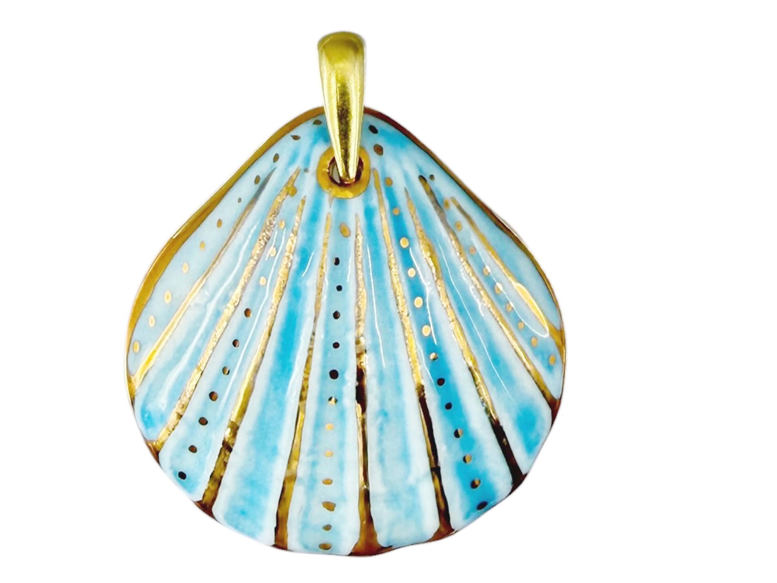 Handpainted Italian Porcelain Light Blue and Gold Large Shell Charm