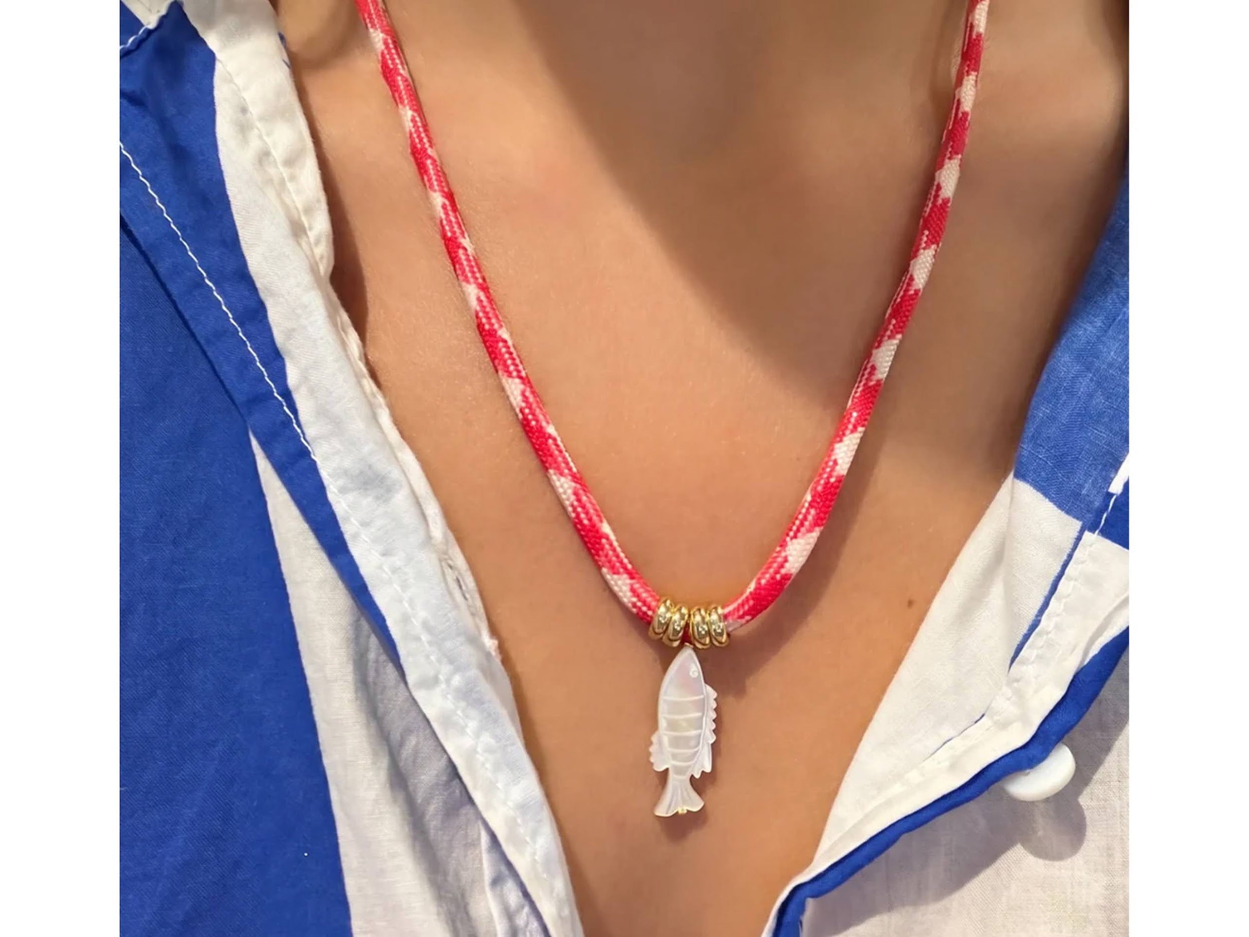 MOP Fish Charm on Pink Cord Necklace