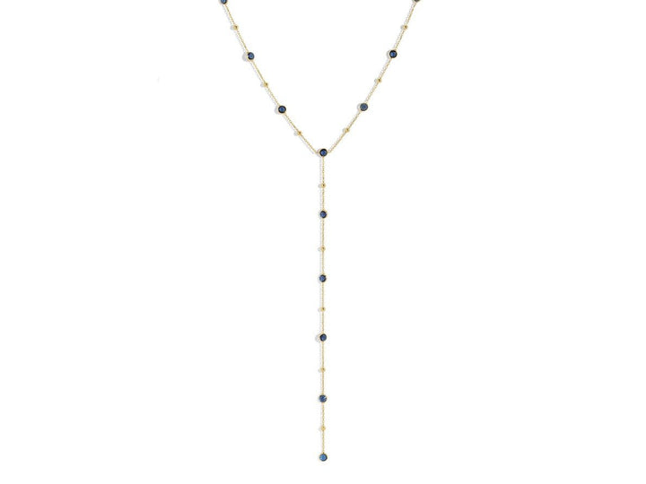 Gold Lariat Necklace with Blue CZs