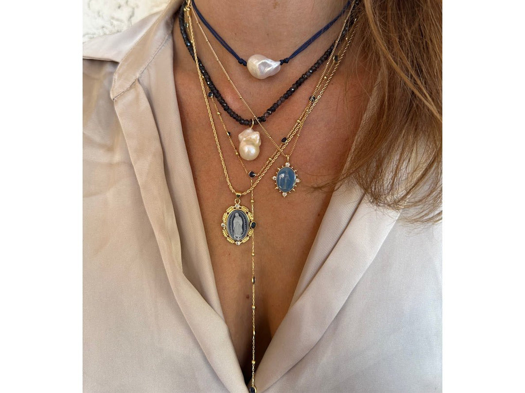 Gold Lariat Necklace with Blue CZs