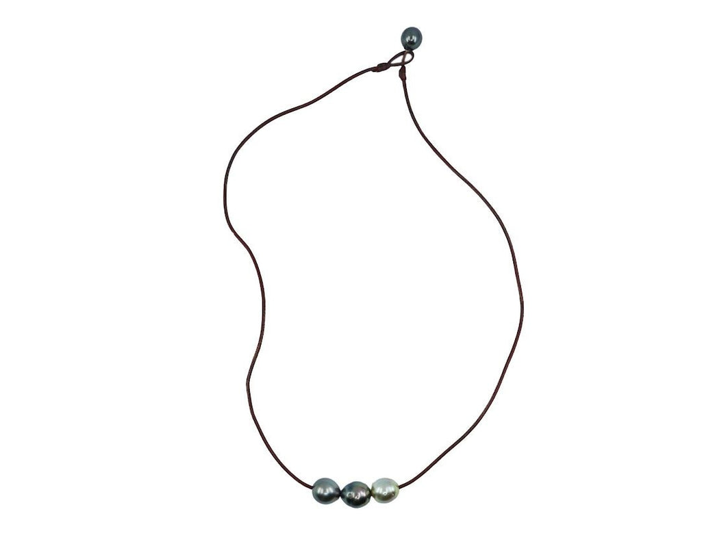 Brown Leather Necklace with 3 Gray Tahitian Pearls