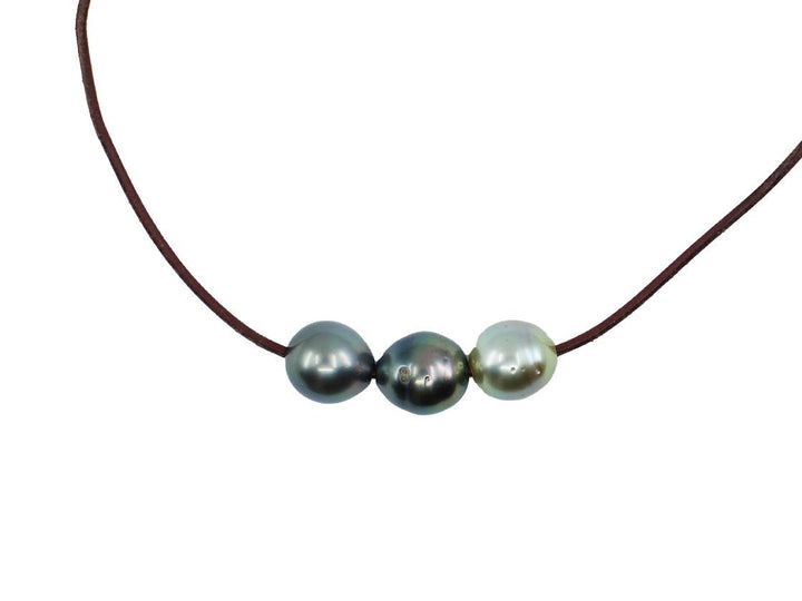 Brown Leather Necklace with 3 Gray Tahitian Pearls