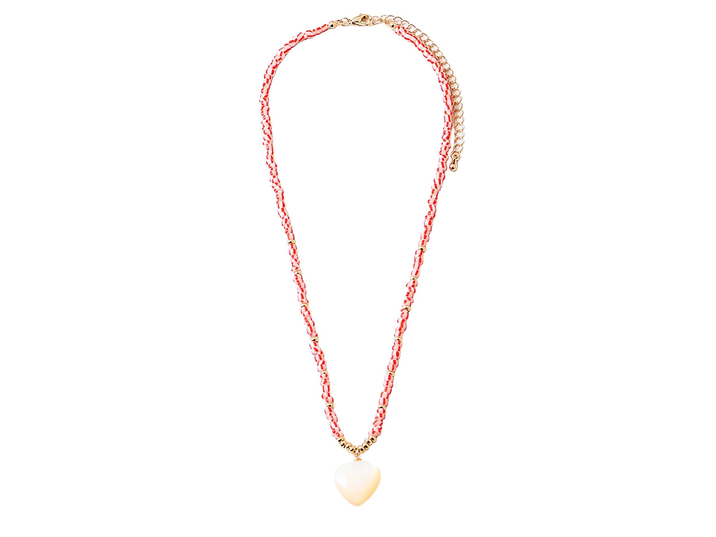 Red and White Beaded Necklace with Shell Heart