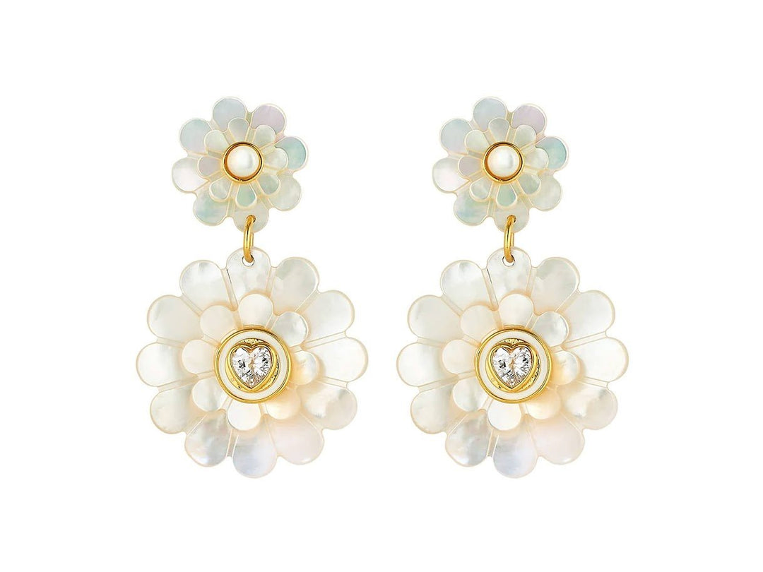 Zinnia Double Drop Earrings with MOP and CZ Hearts