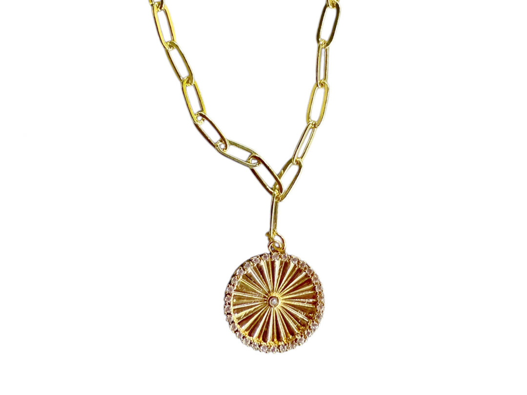 Gold Rayed Round Charm Necklace with CZ