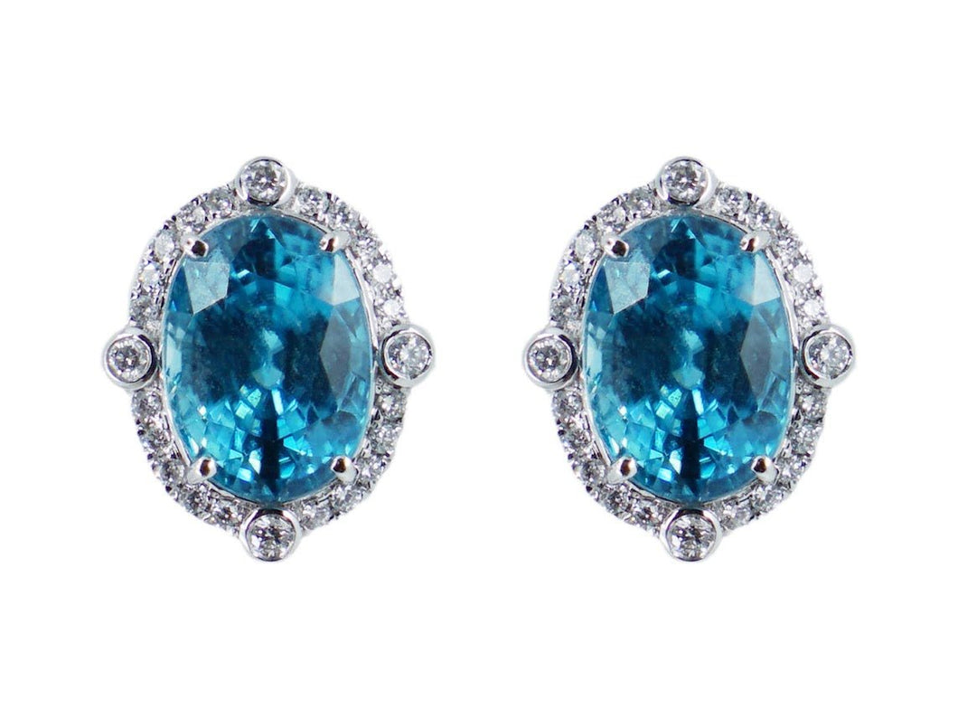 18k Diamond and Blue Zircon Oval Stud Earrings
