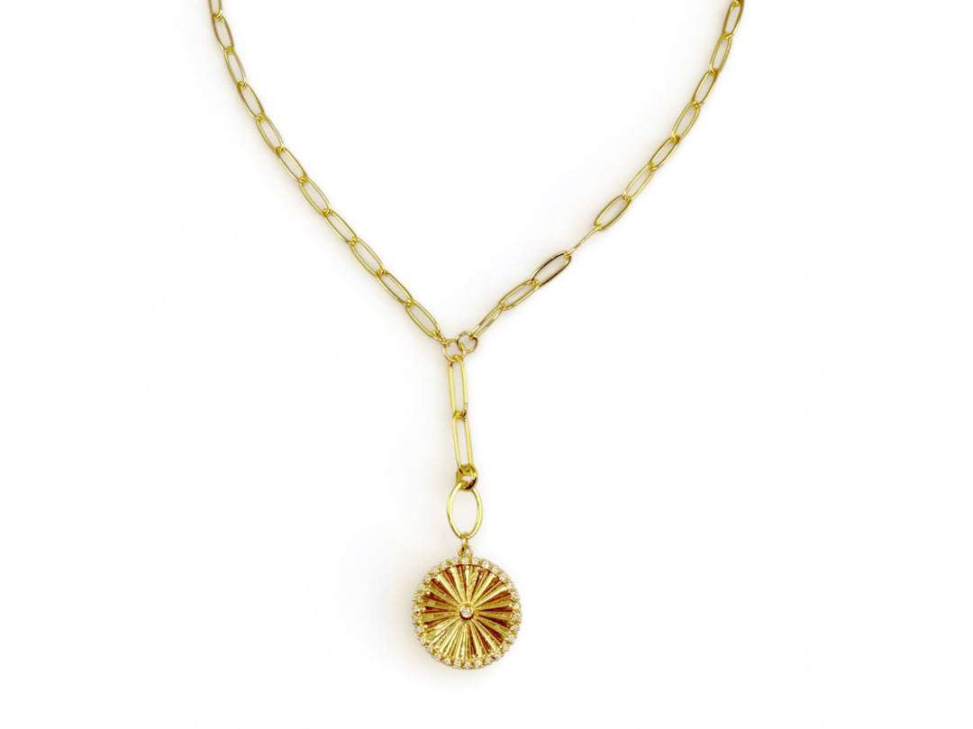 Gold Dropped Rayed Round Charm Necklace with CZ