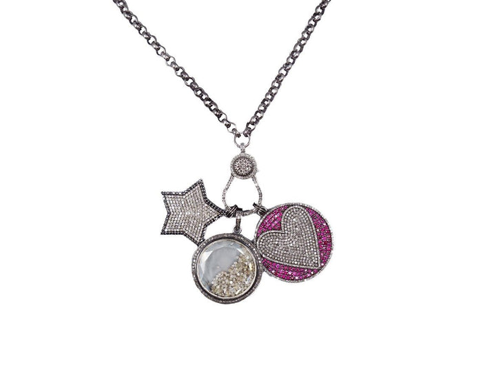 SS Three Charm Necklace with Rubies and Diamonds