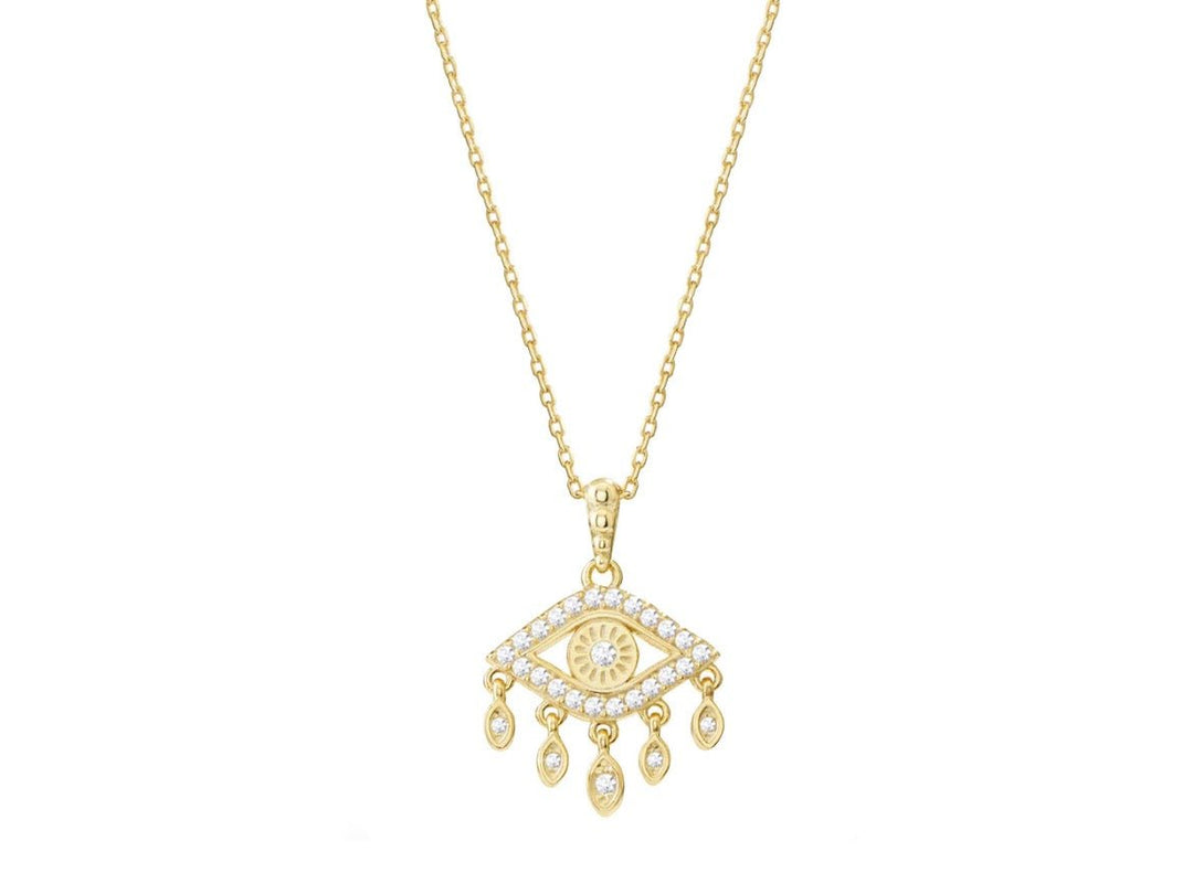 Gold Evil Eye Necklace with Dangling CZ Drops