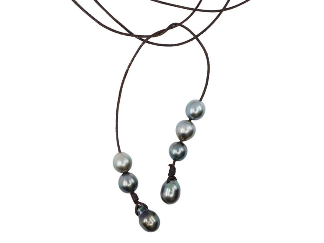 Long Brown Leather Necklace with 7 Gray Tahitian Pearls