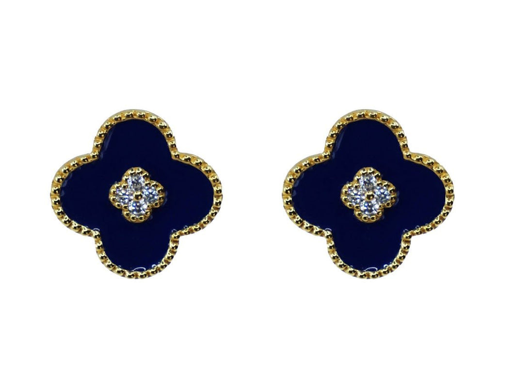 Blue Enamel Clover Stud Earrings with CZs