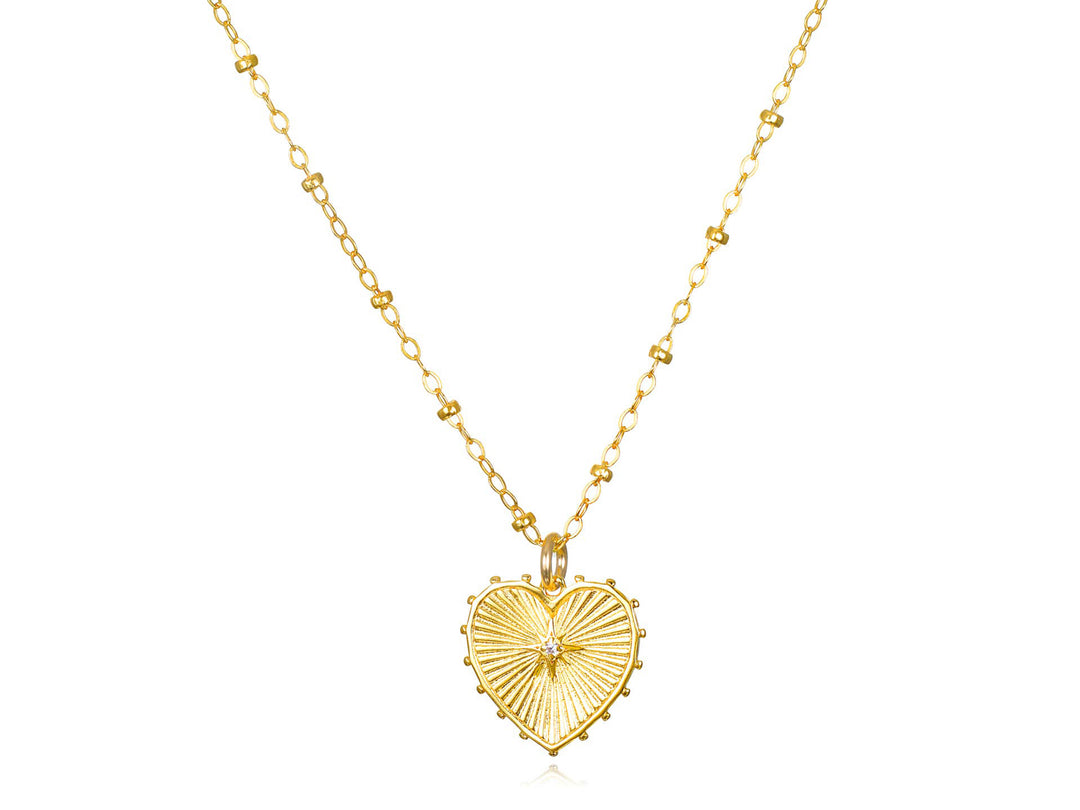 Gold Fluted Heart Charm Necklace with CZ