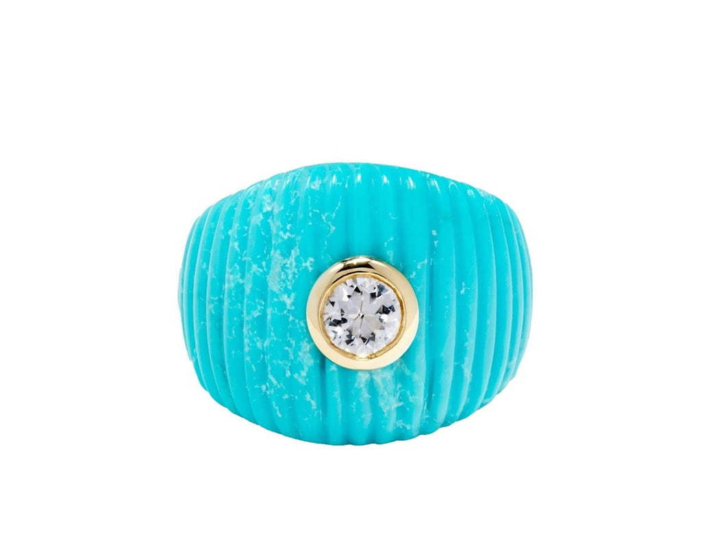 9k Ridged Turquoise Ring with White Topaz