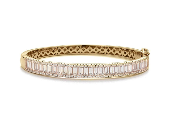 Gold Bangle Bracelet with Baguette and Pave CZs