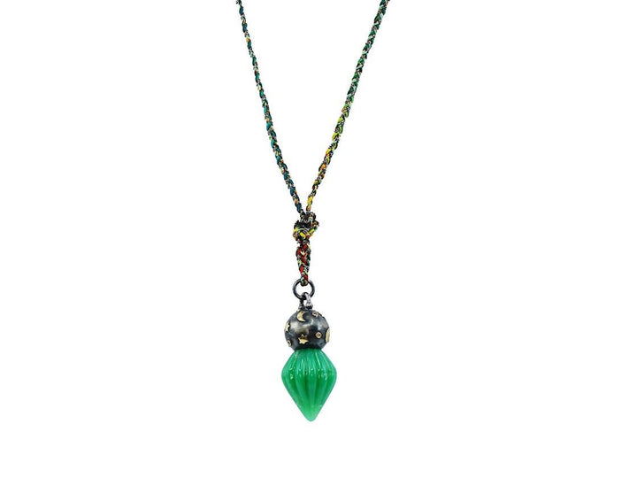 10k/SS Carved Green Chrysoprase Necklace with Diamond Sphere