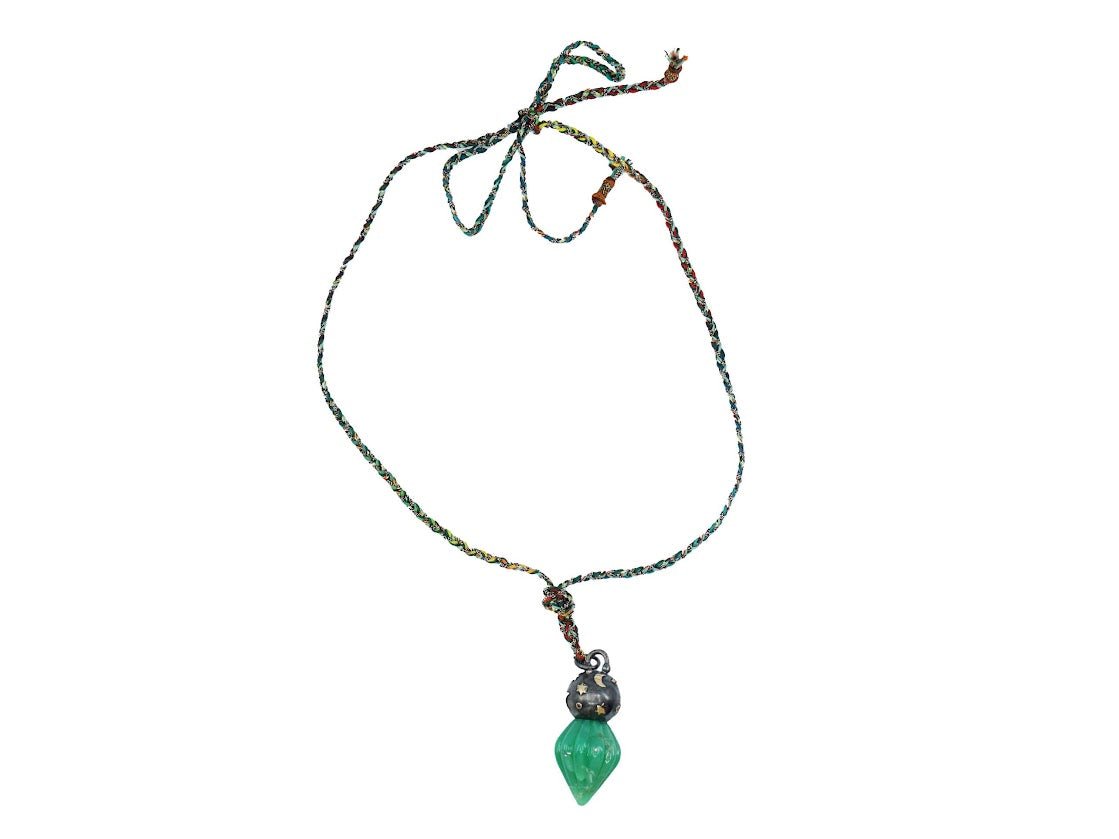 10k/SS Carved Green Chrysoprase Necklace with Diamond Sphere