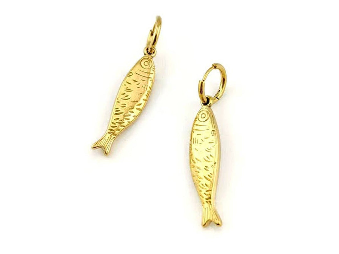 Gold Huggie Hoop Earrings with Fish Charms