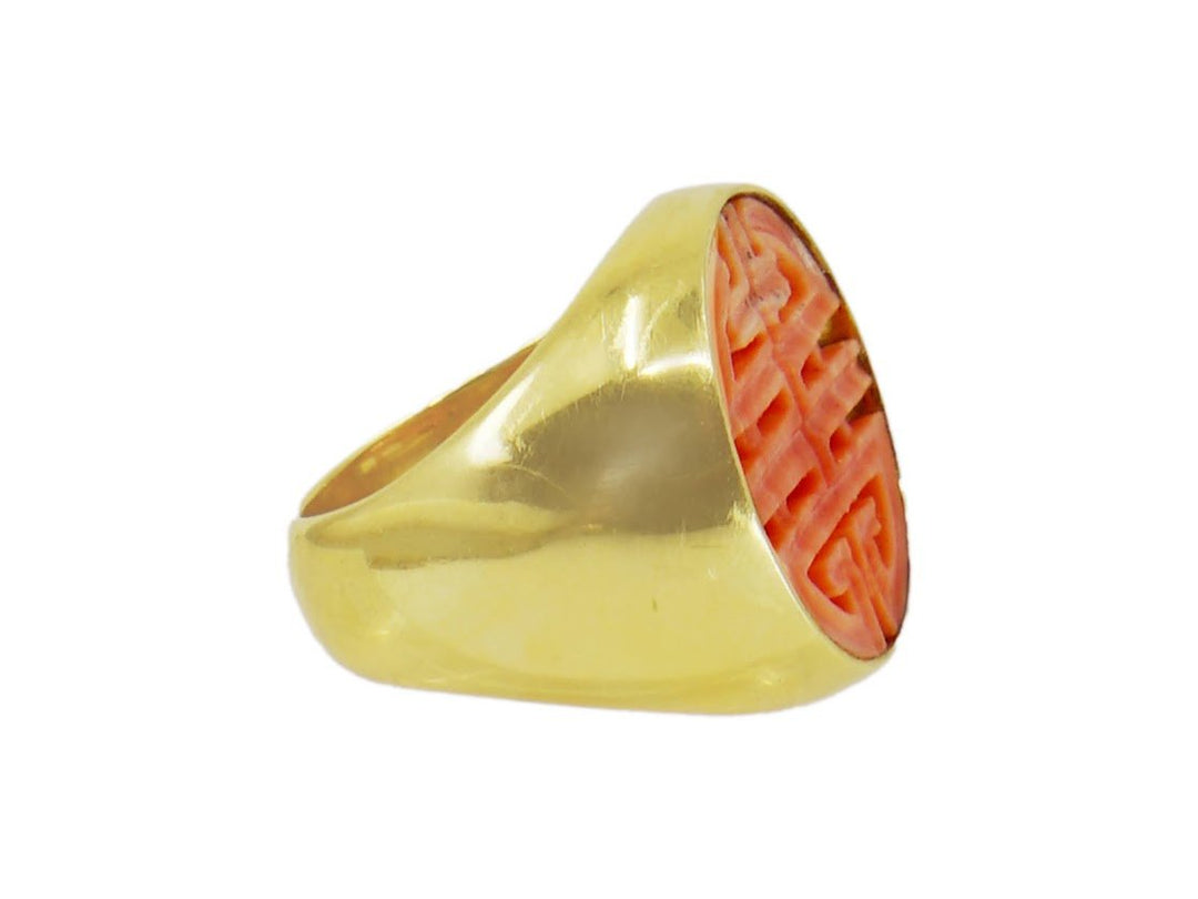 18k Yellow Gold Coral Inset Asian Motif Ring