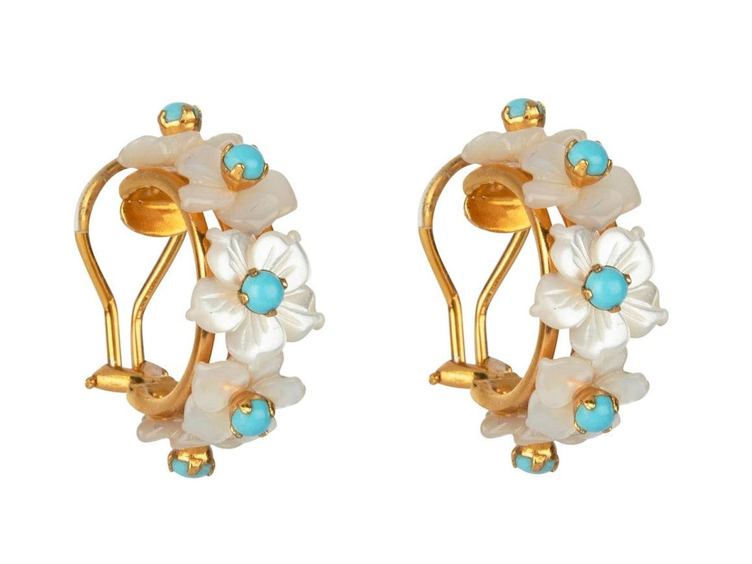 Mother of Pearl and Turquoise Flower Hoop Earrings