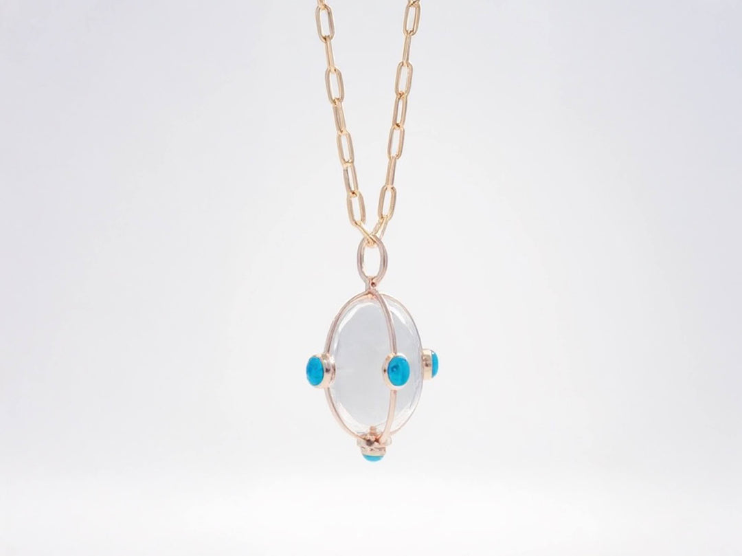 14k Crystal Orb Charm with Turquoise Cabochons Necklace