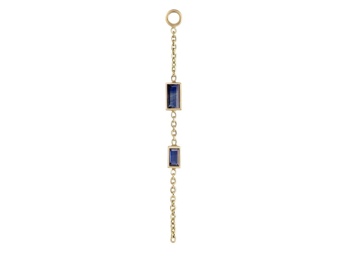 9k Double Baguette Blue Sapphire Chain Drop Charm
