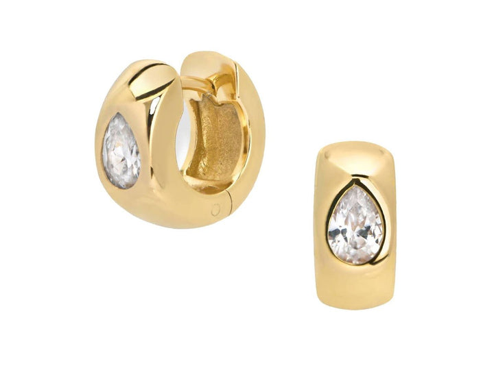 Gold Huggie Hoops with CZ Teardrop Stones