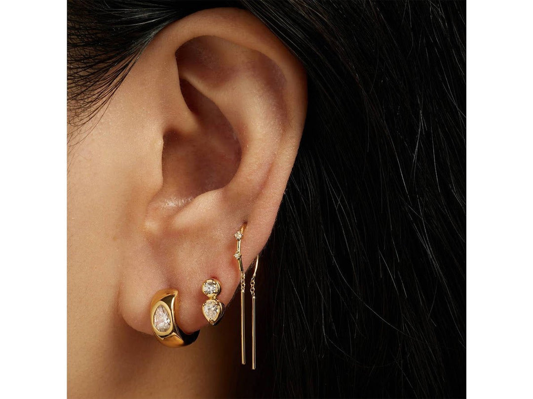 Gold Huggie Hoops with CZ Teardrop Stones