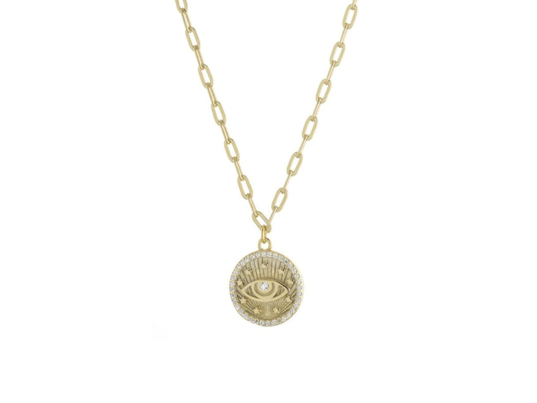 Evil Eye and Stars Disc Pendant Necklace with CZs