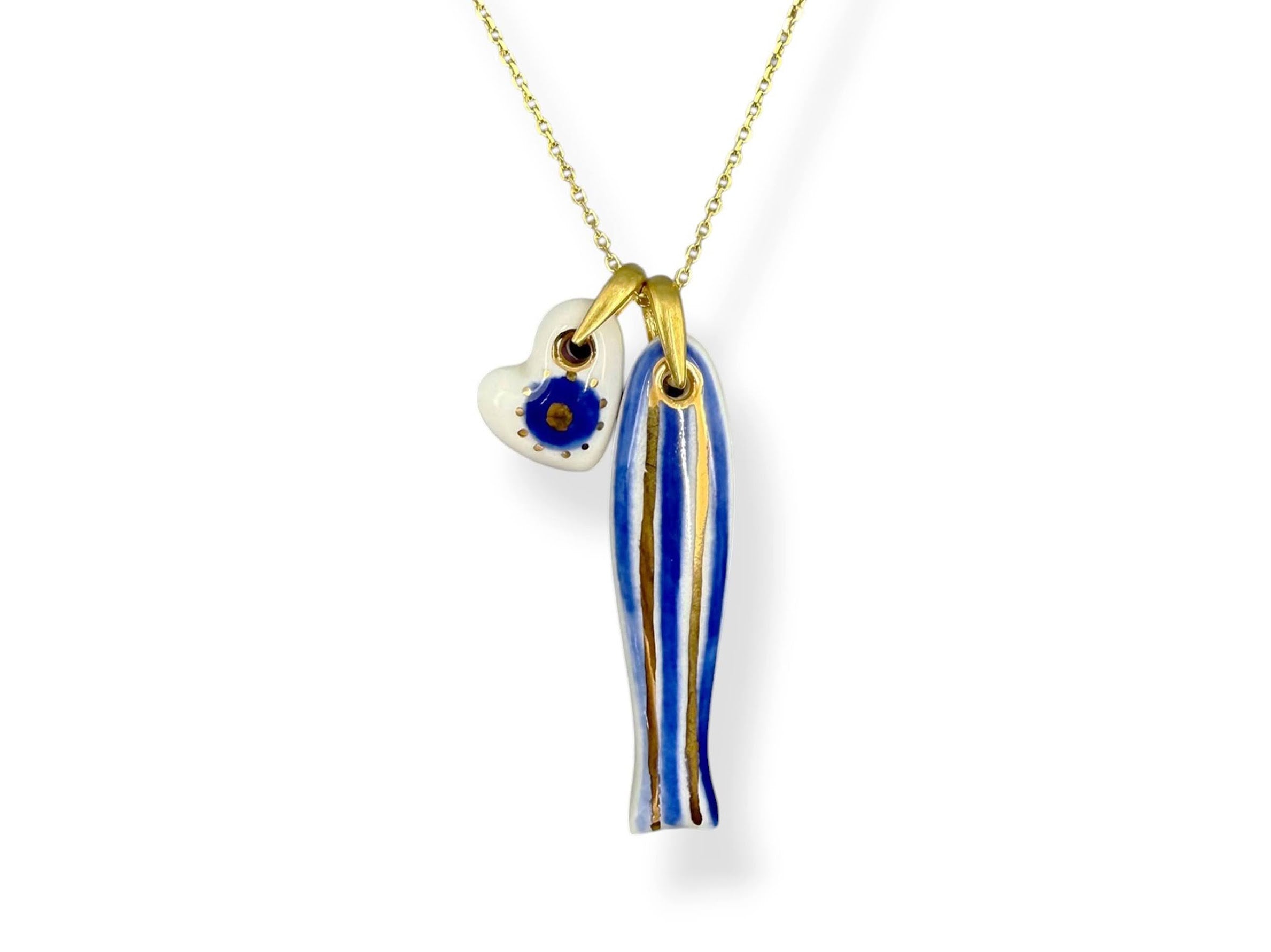 Small Porcelain Blue and Gold Stripe Sardine Charm with Evil Eye Charm