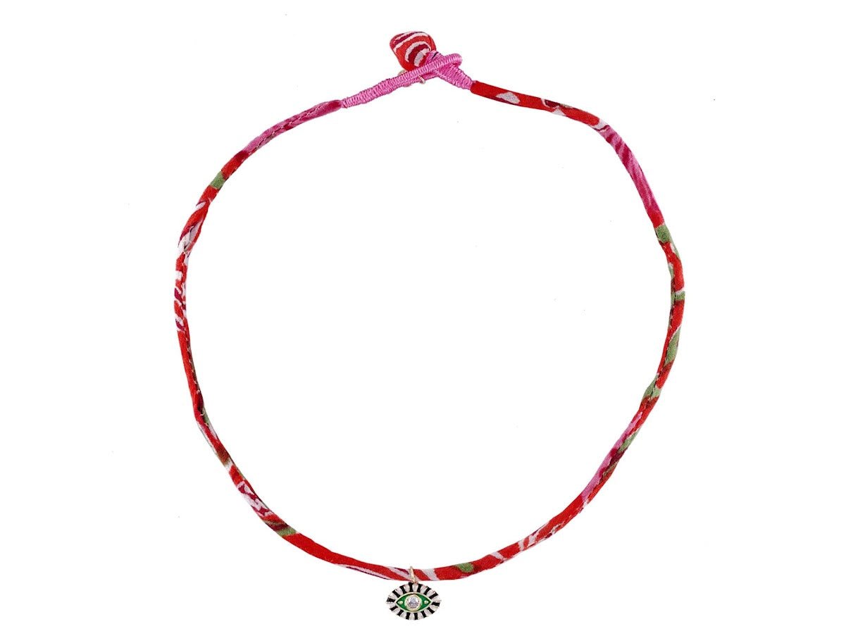 Orange, Green, and Pink Fabric Necklace with Evil Eye