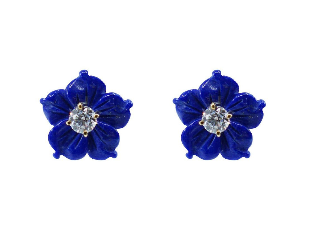 Carved Lapis Flower Earrings with CZ Centers
