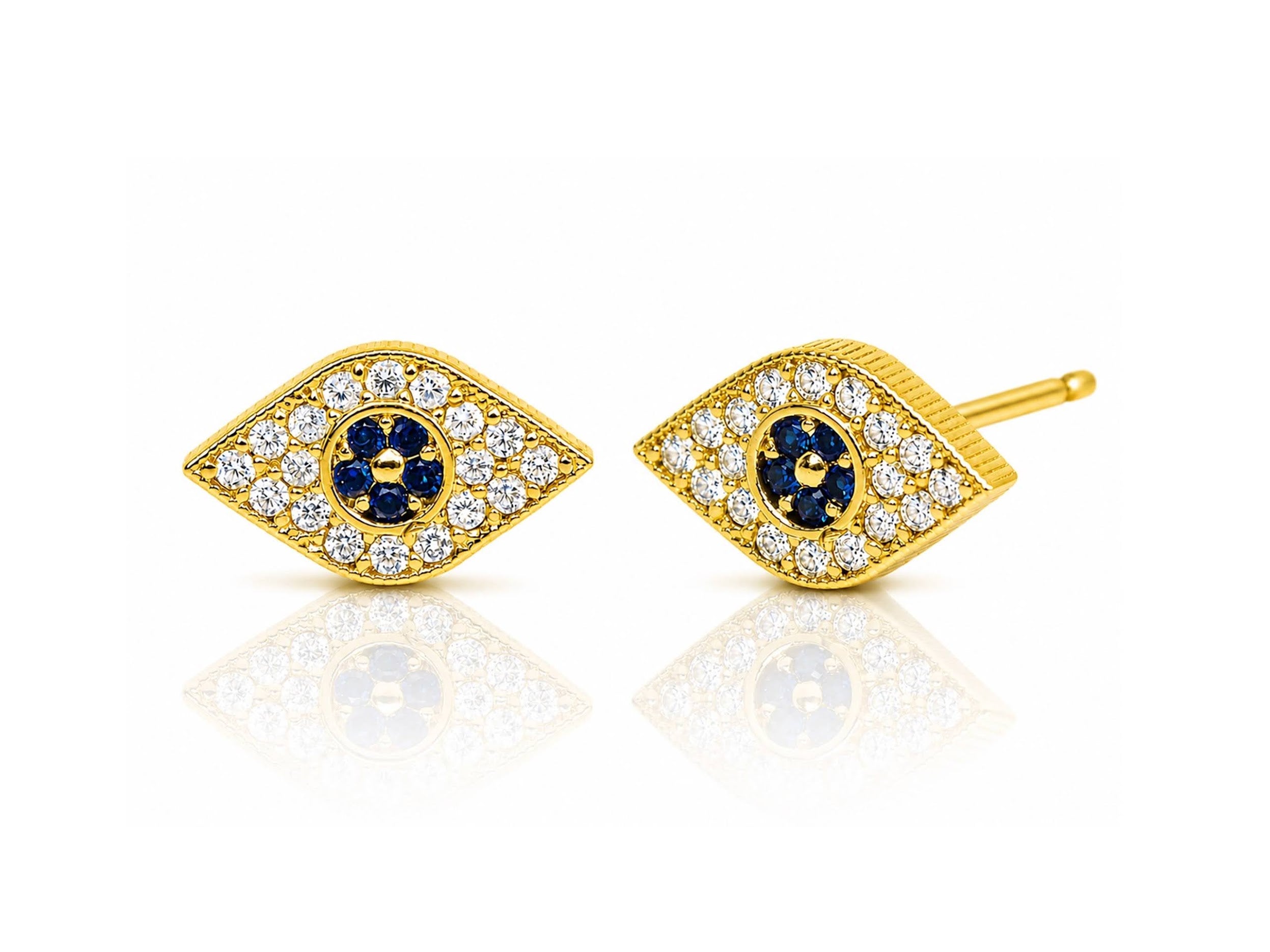 Gold Evil Eye Stud Earrings with Blue and Clear CZs