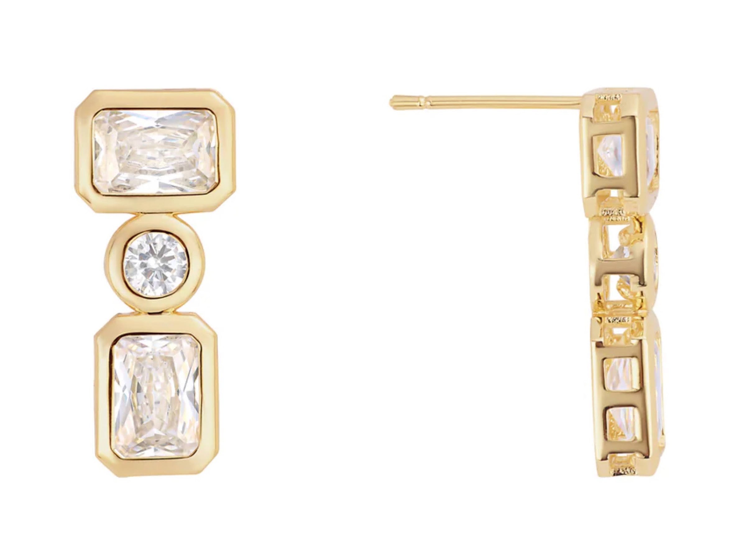 Gold Three CZ Stud Earrings